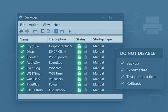 A Windows Services window listing several services with green check marks and a Do Not Disable panel.