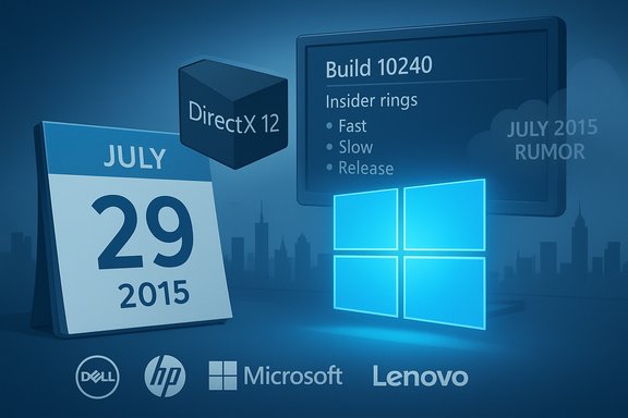 Blue tech collage featuring Windows, DirectX 12 cube, and the July 29, 2015 launch date.