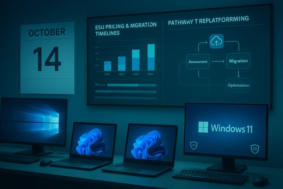 A blue-lit tech workspace featuring Windows 11 laptops and a large poster with timelines.