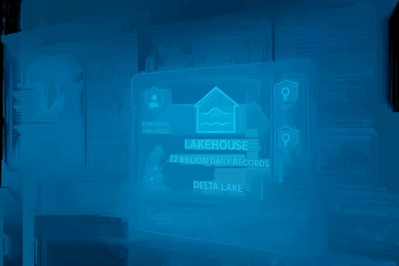 Blue-tinted infographic depicting Lakehouse architecture with streaming pipelines and security icons.