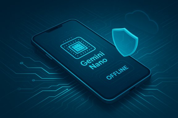 Smartphone displays 'Gemini Nano' offline, with a shield icon on a blue circuit-board background.