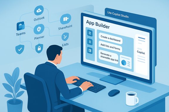 A person builds an app on a large screen, surrounded by Office icons like Outlook, Teams and SharePoint.