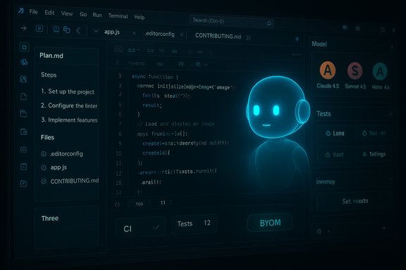 A glowing blue robot avatar sits beside a dark code editor and project plan on a computer screen. A glowing blue robot avatar sits beside a dark code editor and project plan on a computer screen.