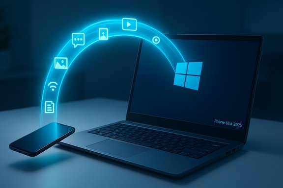 A glowing blue arc links a Windows laptop to a smartphone, symbolizing seamless device syncing.