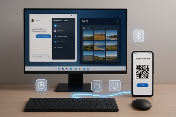 Desktop setup with a monitor, keyboard, mouse, and a phone displaying a Link to Windows QR code.