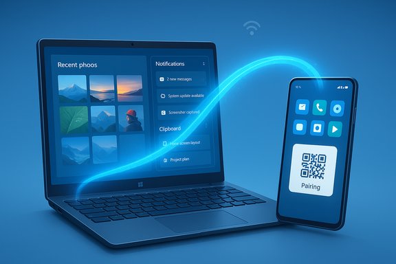 Laptop and smartphone pair wirelessly, connected by a glowing arc to a QR pairing screen.