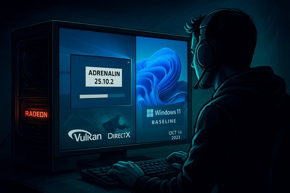 Gamer with headset at a PC sees Windows 11 Baseline and Adrenalin installer on screen.