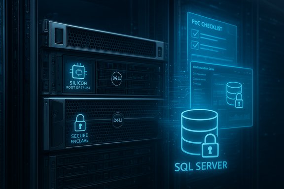 Blue-lit data center with Dell servers and holographic SQL Server security icons.