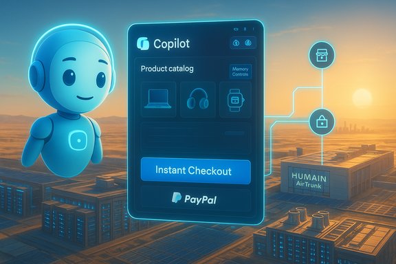 A neon-blue robot stands beside a glowing Copilot app showing instant checkout and PayPal.