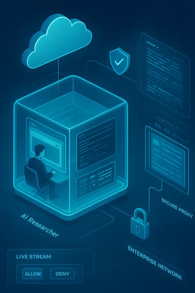 A researcher sits inside a glass cube, connected to cloud computing and a secure enterprise network.