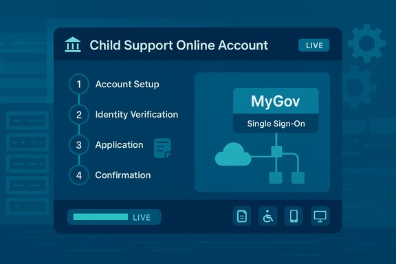 UI for a Child Support Online Account with MyGov SSO and a 4-step setup.