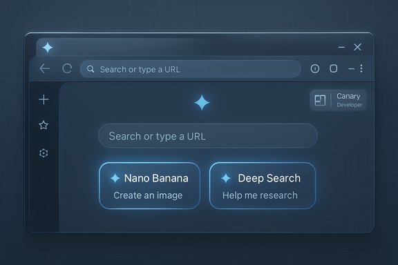A futuristic dark-blue browser UI with a central search bar and glowing option buttons: Nano Banana and Deep Search.