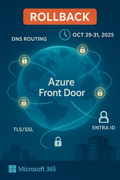 Microsoft 365 poster: Rollback for Azure Front Door and DNS routing, Oct 29-31, 2025.