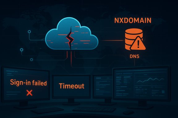 Cloud outage causing sign-in failures, timeouts, and DNS NXDOMAIN.