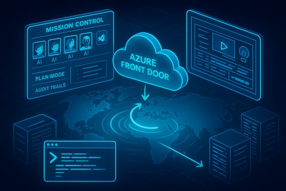 Azure Front Door cloud routes global traffic through a mission-control dashboard.