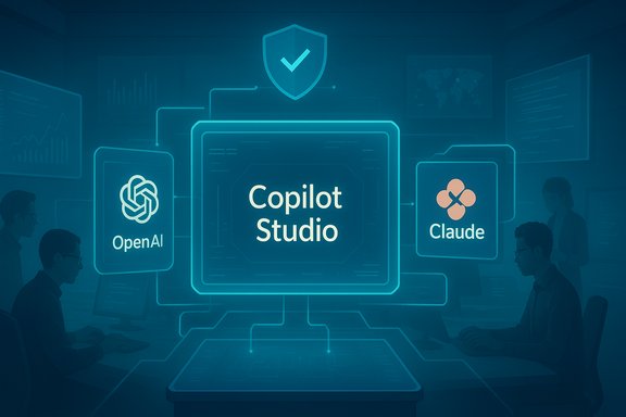 Futuristic control room displaying Copilot Studio, with OpenAI and Claude logos on glowing panels.