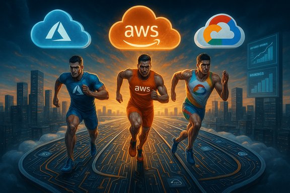 Three athletes sprint on a futuristic track beneath glowing AWS, Azure, and Google Cloud logos.