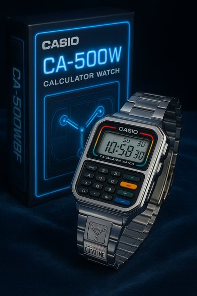 Retro Casio CA-500W calculator watch with neon-blue packaging.