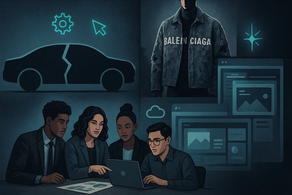 A diverse team collaborates over a laptop, surrounded by car and tech-themed graphics in a dark setting.