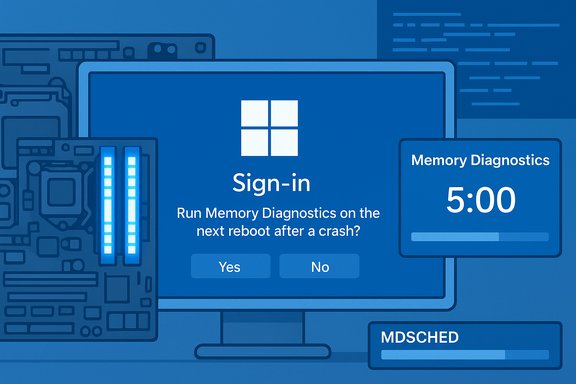 Windows sign-in prompts to run Memory Diagnostics on the next reboot; progress bars visible.