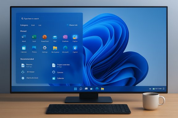 Modern desk setup with a large monitor displaying Windows 11 UI, plus keyboard and coffee mug. Modern desk setup with a large monitor displaying Windows 11 UI, plus keyboard and coffee mug.
