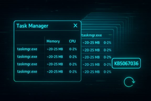 Neon blue Task Manager window showing several taskmgr.exe entries (~20–25 MB, 0–2% CPU) and a KB5067036 badge. Neon blue Task Manager window showing several taskmgr.exe entries (~20–25 MB, 0–2% CPU) and a KB5067036 badge.