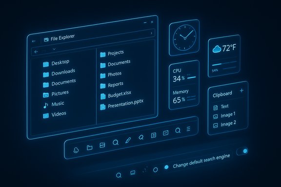 A glowing blue holographic desktop UI with a File Explorer and widgets.