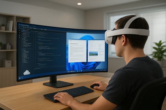 Person wearing a VR headset at a desk, coding on a curved monitor while viewing documents.