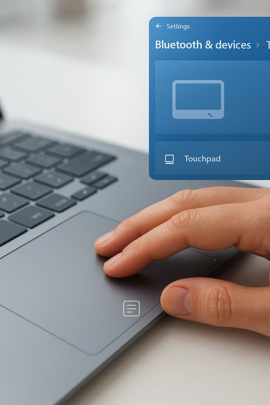 A hand typing on a laptop with a floating Bluetooth & devices settings panel.