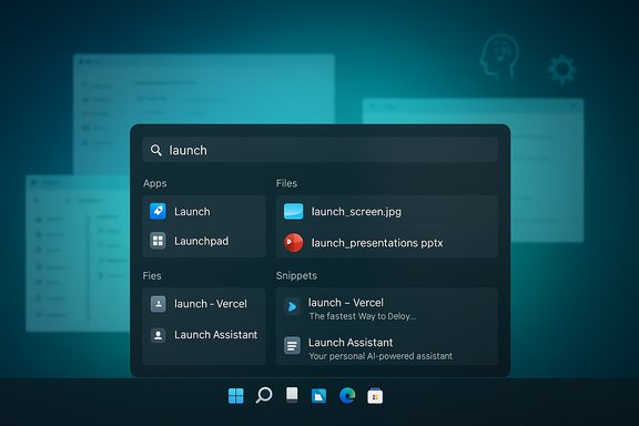 A dark, futuristic search panel showing results for 'launch' with apps, files, and snippets.