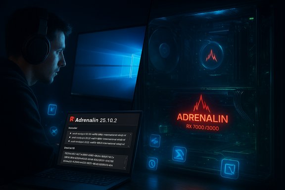 A coder in a dark room uses a laptop, while a glowing red Adrenalin GPU lights the PC. A coder in a dark room uses a laptop, while a glowing red Adrenalin GPU lights the PC.