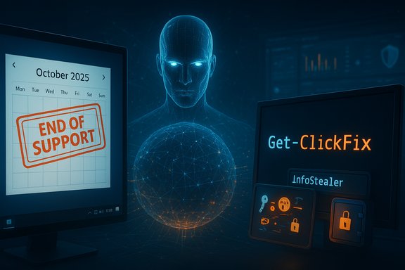 Cyber threat scene: end-of-support stamp, glowing AI figure, and malware panel Get-ClickFix/InfoStealer.