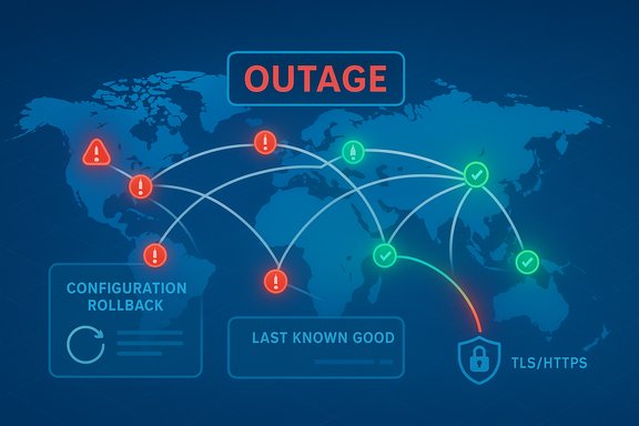 Global network outage map showing red error nodes and green validated paths with rollback options.