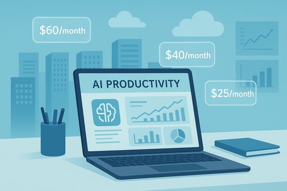 Laptop shows 'AI Productivity' with graphs and floating monthly price tags over a cityscape. Laptop shows 'AI Productivity' with graphs and floating monthly price tags over a cityscape.