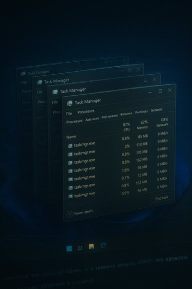 Overlaid Task Manager windows showing multiple processes and high CPU usage.