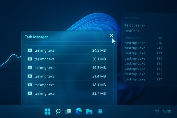 Blue holographic Task Manager showing multiple taskmgr.exe entries and RAM usage.