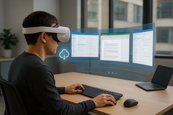 Person wearing a VR headset at a desk, viewing a holographic curved screen with documents.