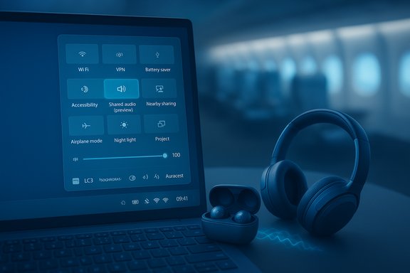 Laptop with a settings panel on screen, alongside wireless earbuds case and over-ear headphones.