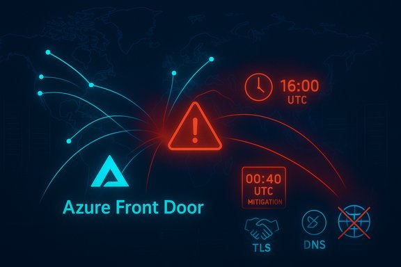 Azure Front Door outage alert with red warning triangle and global mitigation symbols.