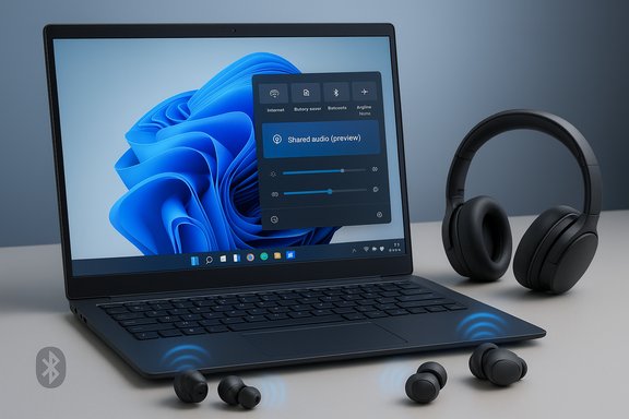Windows laptop with Shared audio control, Bluetooth earbuds and wireless headphones on the desk.