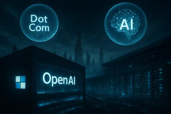 OpenAI signage glows over a futuristic data city with floating 'Dot Com' and 'AI' spheres.