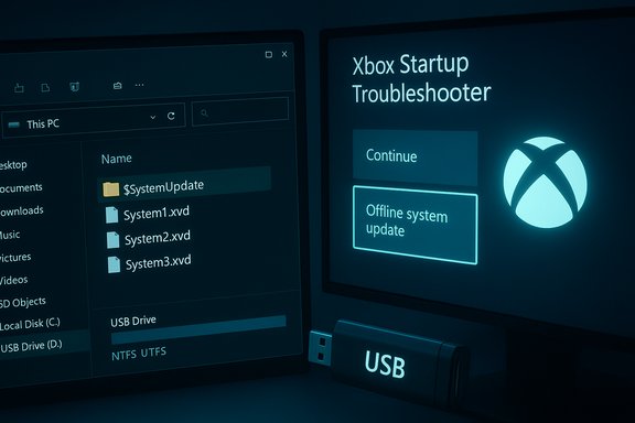 Windows File Explorer and Xbox Startup Troubleshooter displayed side by side with a USB drive. Windows File Explorer and Xbox Startup Troubleshooter displayed side by side with a USB drive.