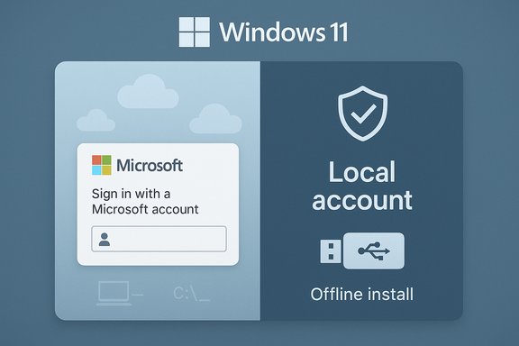 Windows 11 setup screen showing sign-in with a Microsoft account and a local offline account option.