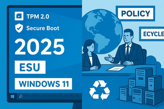 Blue infographic about Windows 11 (2025) features: TPM 2.0, Secure Boot, ESU, plus policy lifecycle.