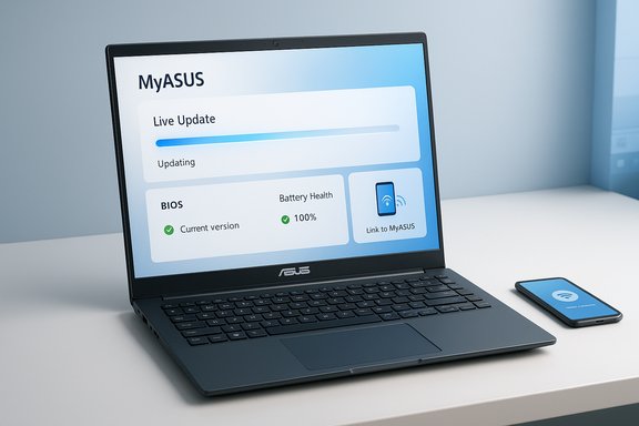 An ASUS laptop shows the MyASUS Live Update screen with BIOS and battery health status.