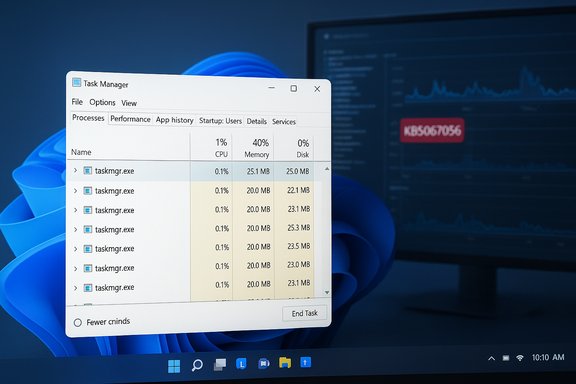 Windows Task Manager showing several taskmgr.exe processes.