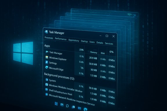 Blue-tinted Windows Task Manager window showing running apps and performance data. Blue-tinted Windows Task Manager window showing running apps and performance data.