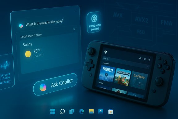A blue holographic UI shows weather and apps beside a handheld gaming console.
