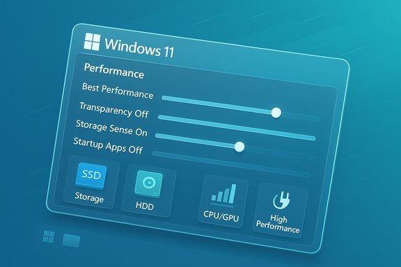Windows 11 performance settings panel with sliders and storage/CPU icons.
