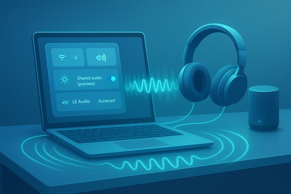Laptop with headphones connected and a speaker nearby, displaying shared audio controls in blue light.